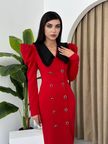 فستان نسائي بأكمام طويلة وياقة شكل V منسدلة لون أح...