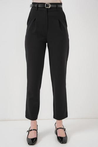 بنطلون أسود بخصر مرتفع مع حزام - صناعة تركية