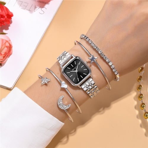 ساعة نسائية بحزام ستانلس ستيل بتصميم انيق بلون حزا...