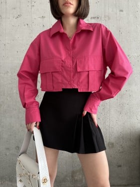 قميص قصير مع جيب صناعة تركية بأكمام طويلة لون وردي...