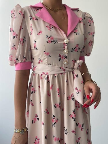 فستان نسائي طويل بأكمام قصيرة وحزام للخصر بتصميم ع...