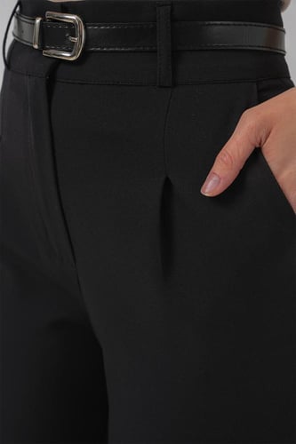 بنطلون أسود بخصر مرتفع مع حزام - صناعة تركية