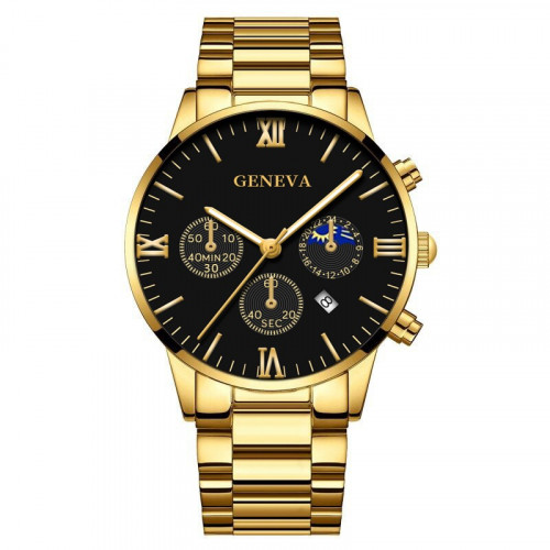 ساعة رجالية بلون ذهبي ومينا اسود من جينيفا