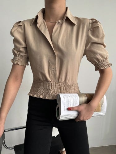 قميص قصير بخصر بلوزة مطاطي ذو أزرار حجرية صناعة تر...