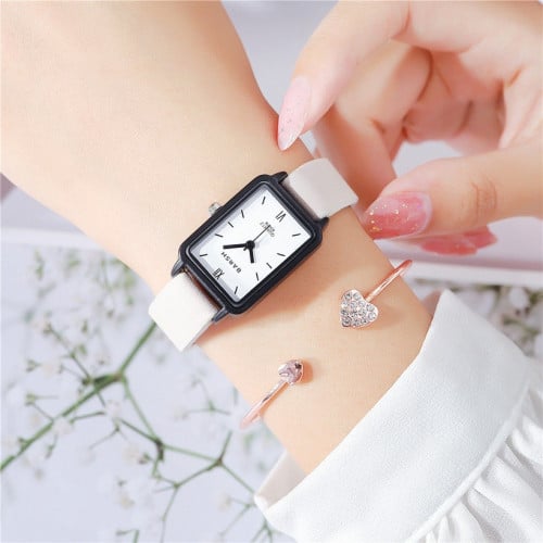 ساعة نسائية بحزام جلد وشكل ميناء مستطيل بتصميم اني...