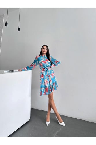 فستان نسائي قصير بتفاصيل الأزهار أكمام طويلة مع حز...