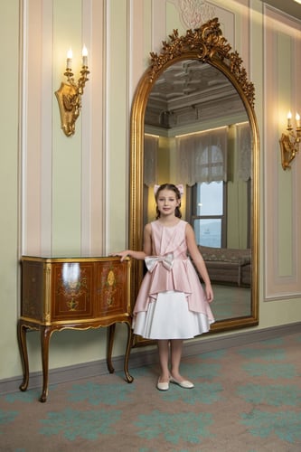 فستان بناتي راقي للمناسبات بلون الباودر بتفاصيل مم...