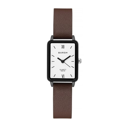 ساعة نسائية بحزام جلد وشكل ميناء مستطيل بتصميم اني...