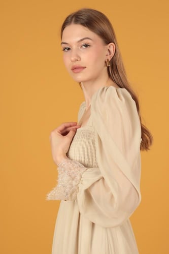 فستان نسائي ميدي من قماش الشيفون مزين بالدانتيل -...