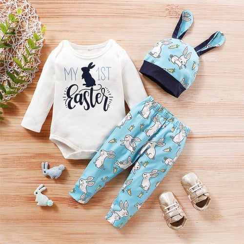 طقم أطفال ولادي برسمة أرنب من 3 قطع من 9 إلى 24 شه...