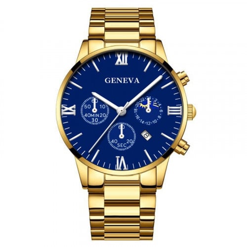 ساعة رجالية بلون ذهبي ومينا ازرق من جينيفا
