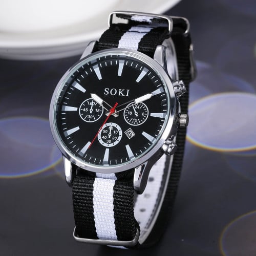 ساعة رجالية لون حزام اسود ابيض ومينا اسود من سوكي
