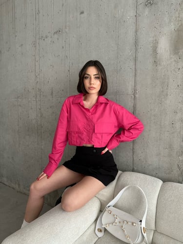 قميص قصير مع جيب صناعة تركية بأكمام طويلة لون وردي...