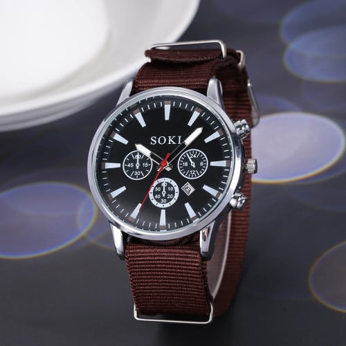 ساعة رجالية لون حزام بني ومينا اسود من سوكي