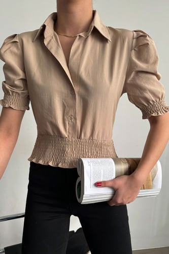 قميص قصير بخصر بلوزة مطاطي ذو أزرار حجرية صناعة تر...