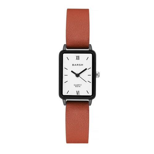 ساعة نسائية بحزام جلد وشكل ميناء مستطيل بتصميم اني...