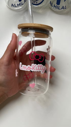 كوب زجاجي بتصميم hello kitty 2 مع كتابه اسم
