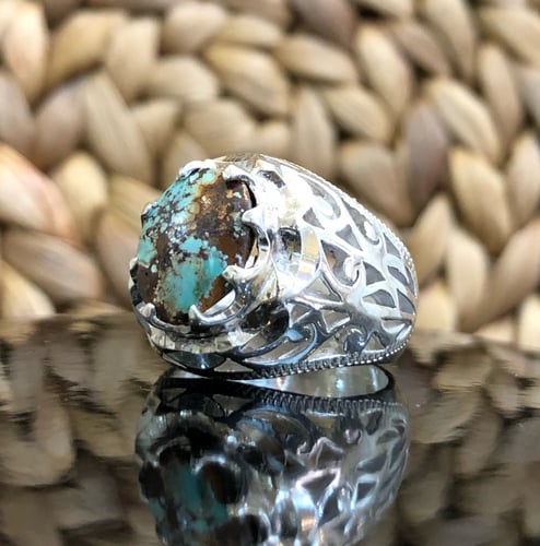 خاتم الفضة بحجر الفيروز الإيراني نشابوري أصلي صياغ...