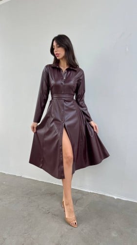 فستان جلد بالوان البني الخمري