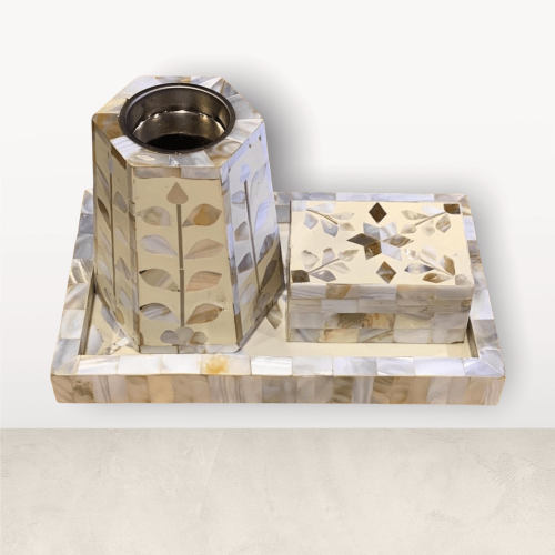 طقم مبخرة مع صينية وصندوق من الصدف مستطيل