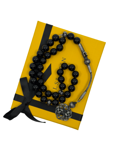 سبحه من حجر العقيق الاسود الطبيعي مع طربزونه فضه و...