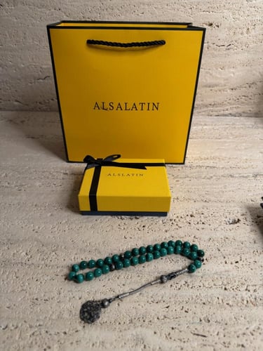 سبحة من حجر الملاكايت النادر مع طربزونة فضة