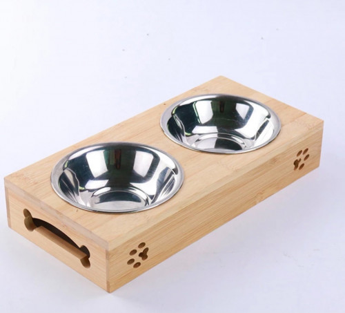 Stainless Steel Feeding and Drinking Bowls with Bamboo Frame for pets