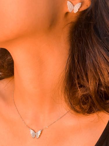 طقم الفراشة الزاهية قلادة مع حلق لون فضي مطلي رودي...