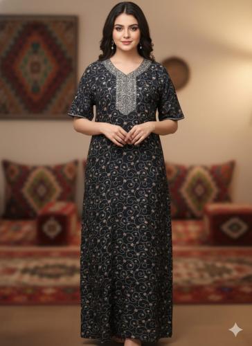 جلابية كشميري نص كم بتطريز خفيف