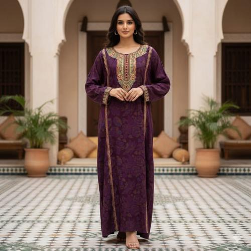 جلابية كشميري كم طويل مطرزة خيط