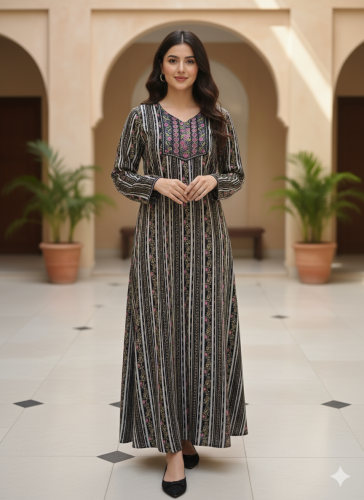 جلابية كشميري كم طويل بتطريز خفيف