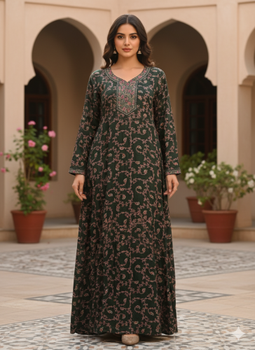 جلابية كشميري كم طويل بتطريز خفيف