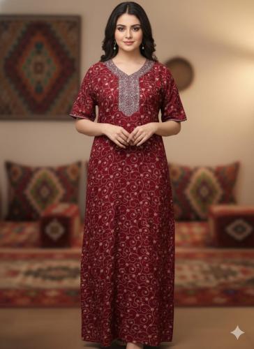 جلابية كشميري نص كم بتطريز خفيف