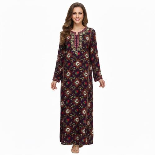 جلابية نسائية ريون تطريز خيط كم طويل