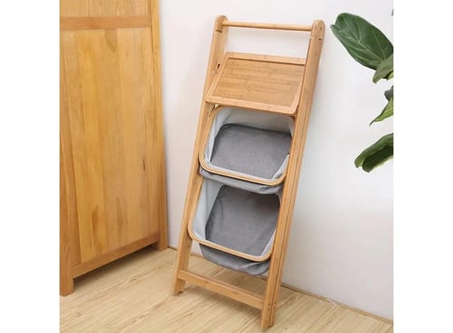 رف خشب مع 2 سلة قماش رصاصي