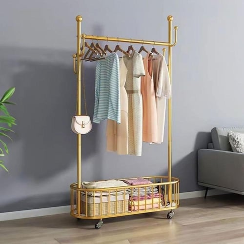 علاقة ملابس بسلة تخزين سفلية وعجلات