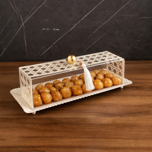 صحن تقديمات استيل بالون البيج وبغطاء اكريلك