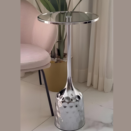 طاولة خدمة انيقة فضي برأس زجاجي بإطار معدني table