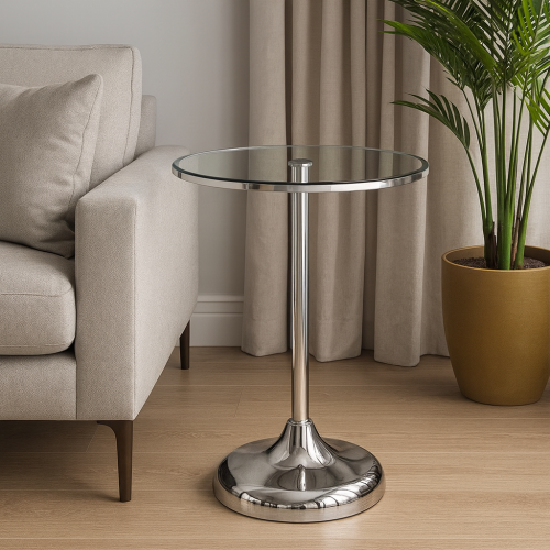 طاولة خدمة انيقة فضية برأس زجاجي بإطار معدني table