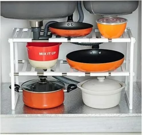 منظم أرفف تحت حوض المطبخ قابل للتمديد للتخزين