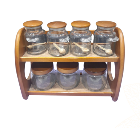 طقم علب بهارات 7 قطعة زجاج غطاء خشب