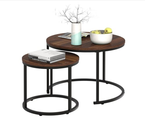 طقم طاولات قهوة وسط خشب بقواعد معدن