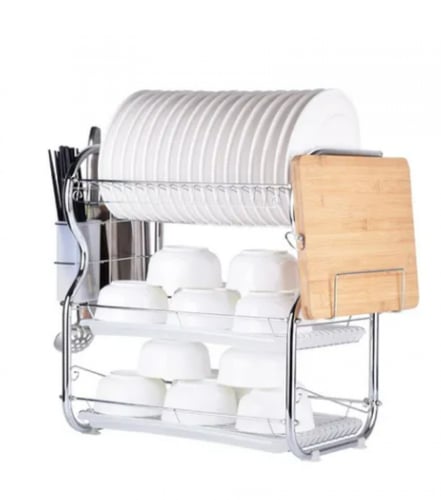 حامل أطباق مكون من ثلاثة أرفف فضي