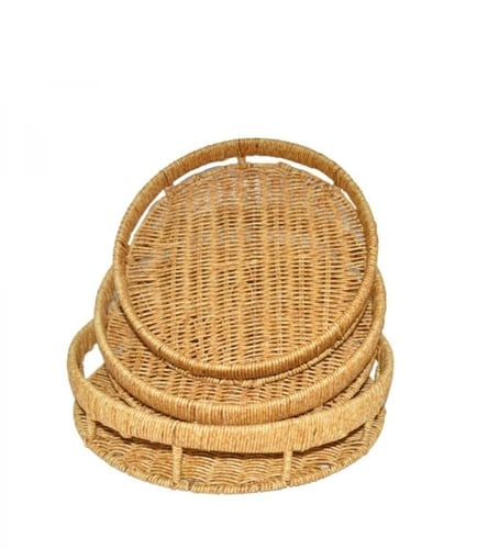 طقم صواني تقديم راتان 3 قطعة وثلاثة اشكال إختيارية