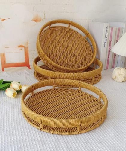 طقم صواني تقديم راتان 3 قطعة وثلاثة اشكال إختيارية