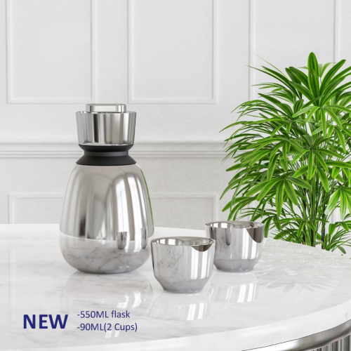 ترمس استيل فضي مع كاسات استيل