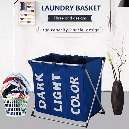 سلة غسيل 3 اقسام قماش بحامل معدني