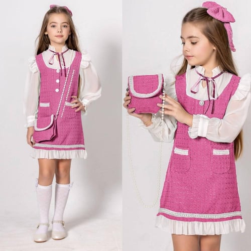 فستان بناتي كلاسيكي مه شنطة وجوارب ومشبك شعر