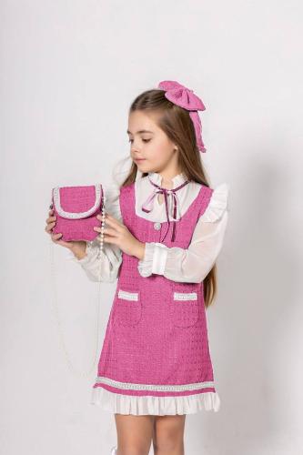 فستان بناتي كلاسيكي مه شنطة وجوارب ومشبك شعر