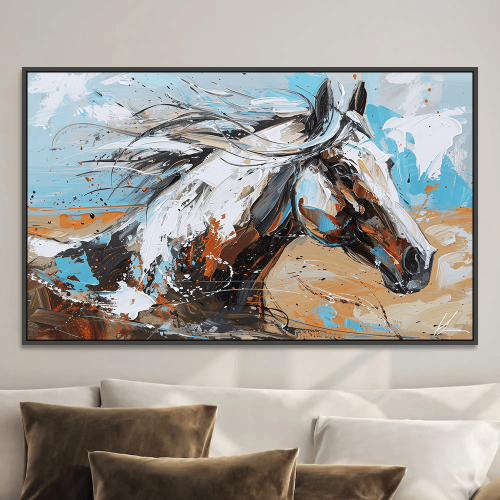 لوحة بنورامية خيل عربي — أزرق وأبيض
